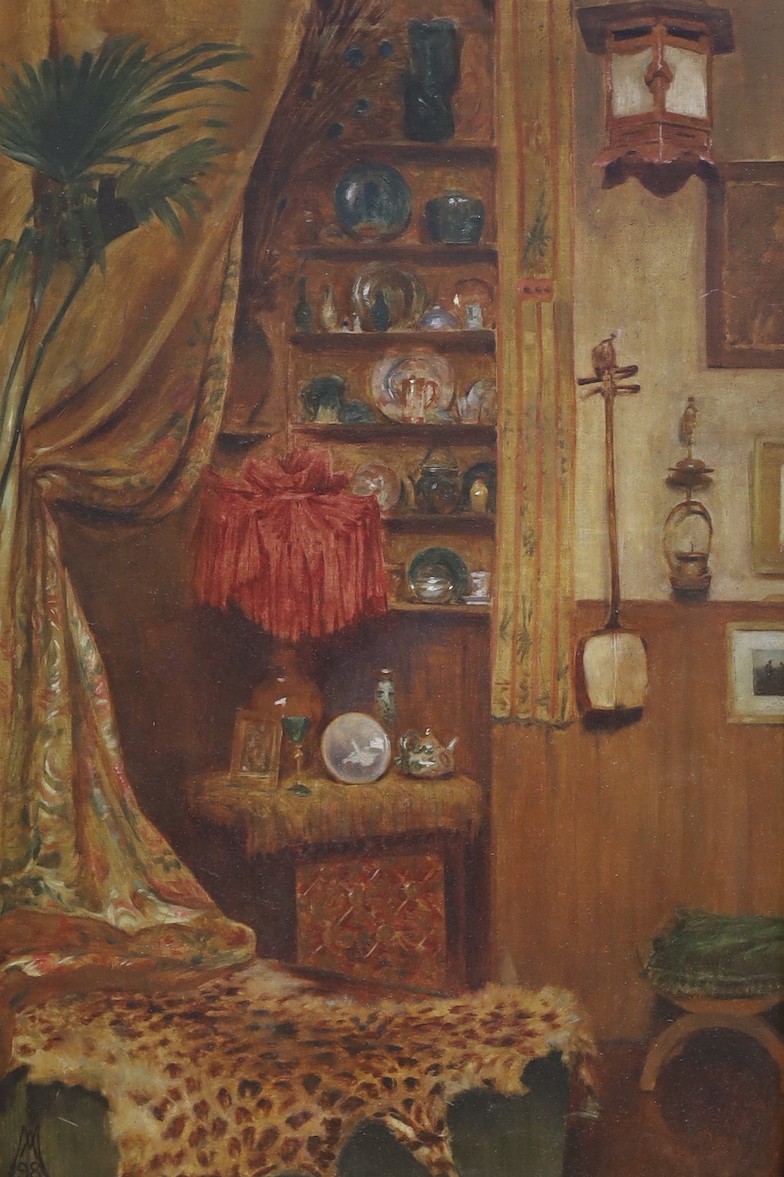 A.M. 98, oil on canvas, Orientalist interior with leopard skin rug, monogrammed and dated '98, 59 x 39cm